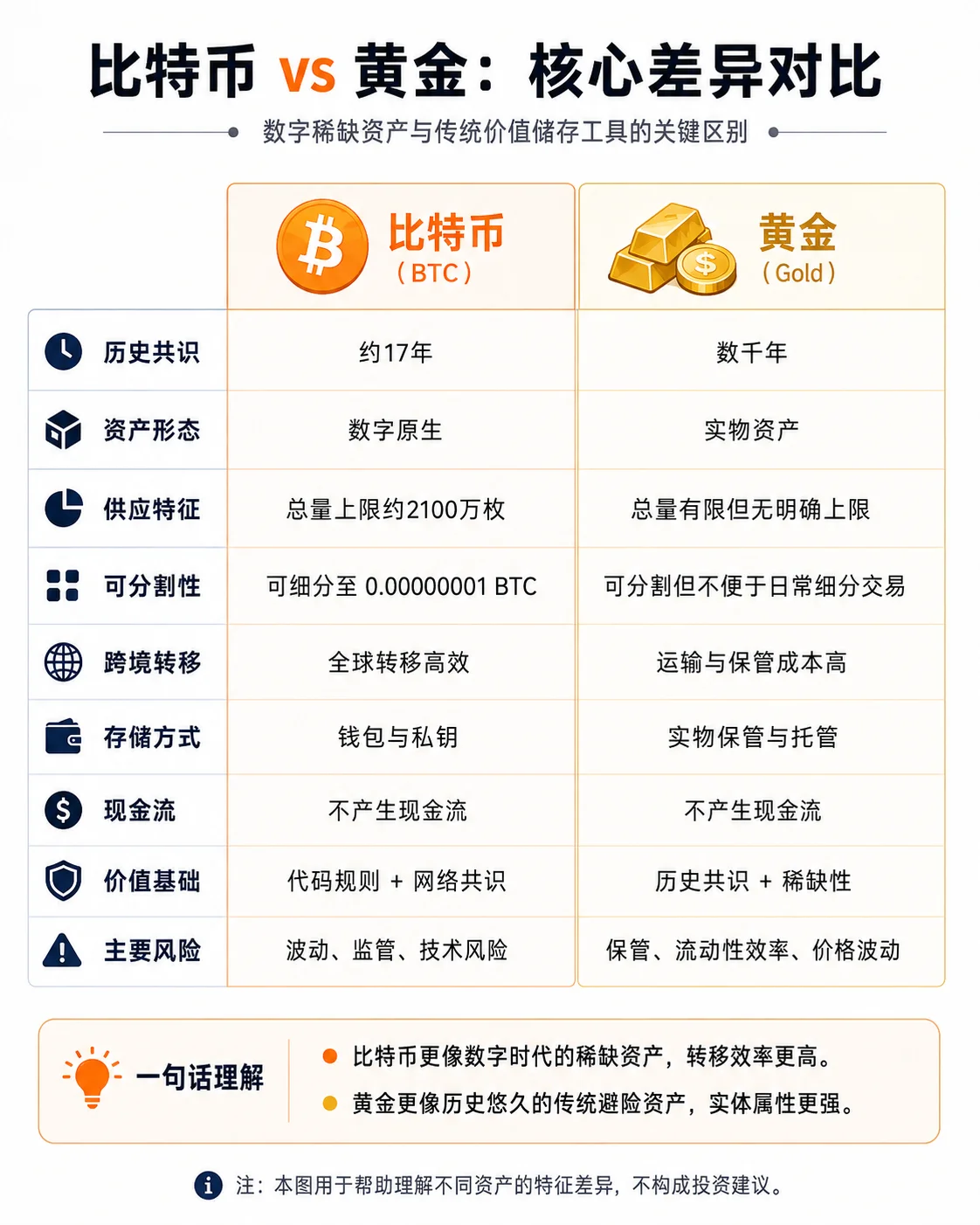 比特币和黄金的对比：数字黄金 vs 实物黄金，稀缺性、可分割性和跨境转移的差异