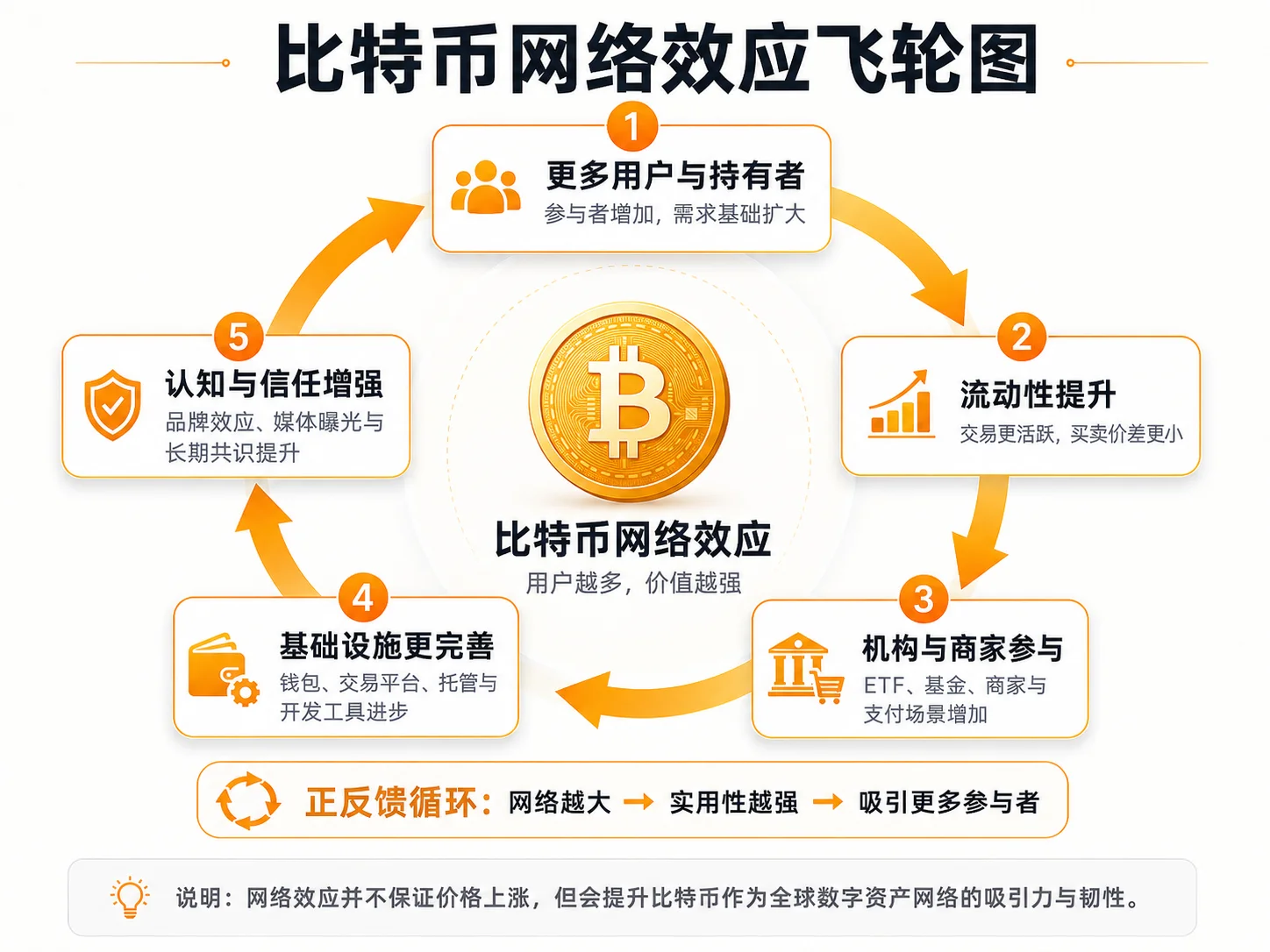比特币的网络效应：持有者、开发者、商家和基础设施越多，网络价值越高