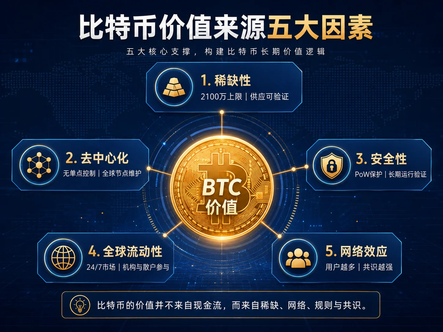 比特币价值来源：稀缺性、去中心化、安全性、全球流动性和网络效应五大因素