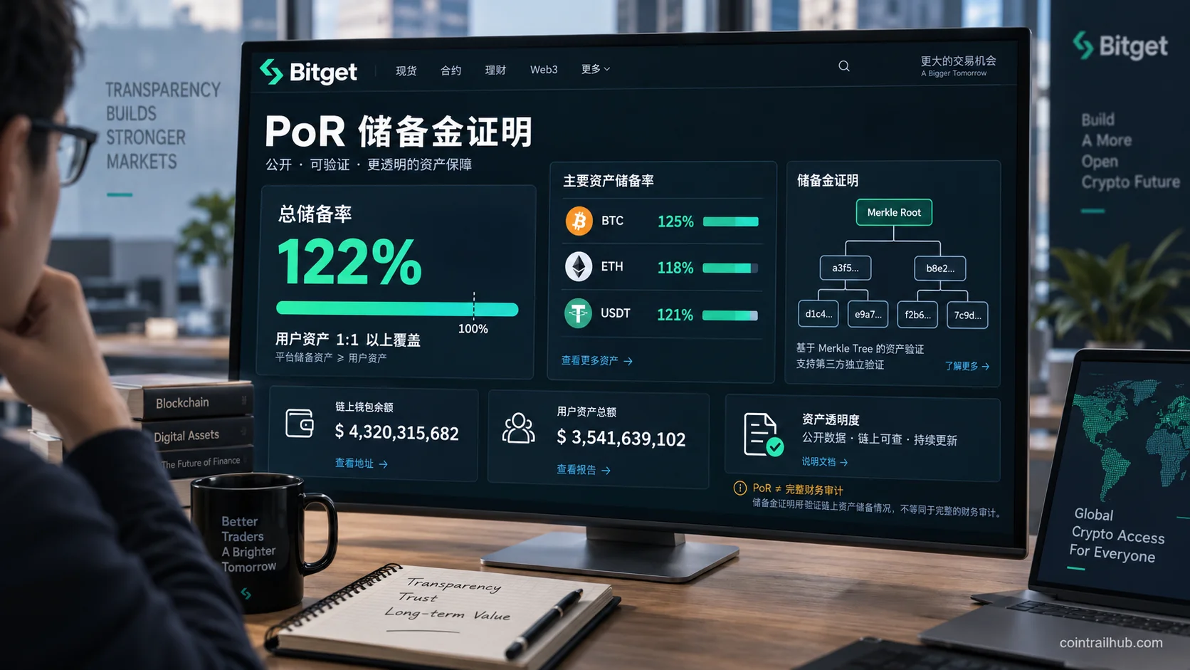 Bitget 储备金证明(PoR)页面截图:2026年8月总储备率122%、第45期月度报告