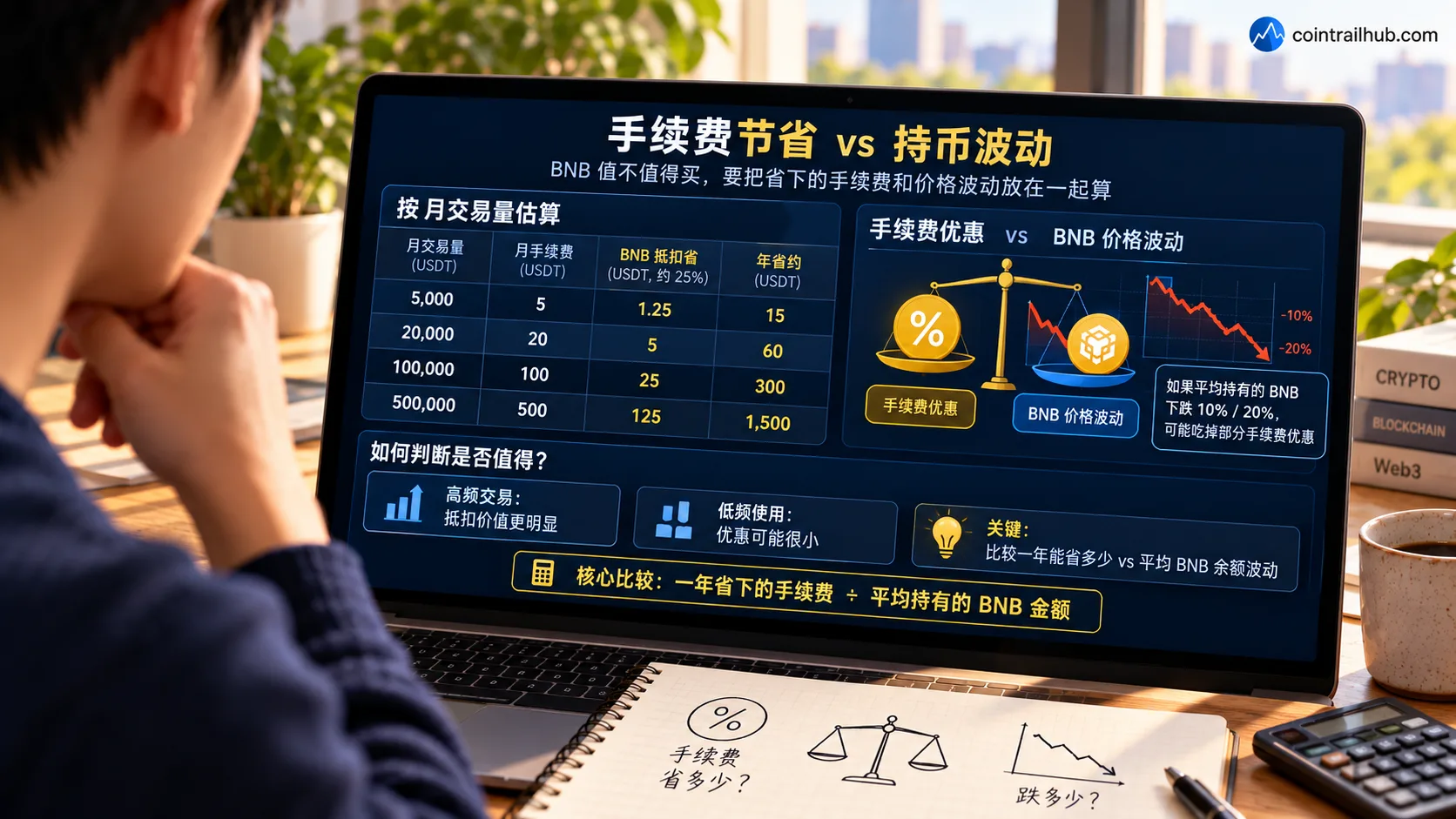 BNB手续费抵扣节省与持币价格波动对比图，展示不同交易量下的年节省金额和BNB下跌风险