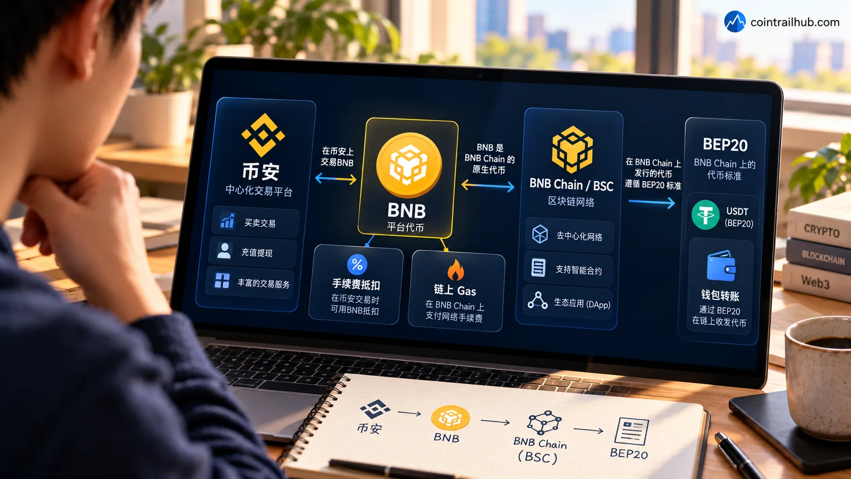 币安、BNB、BNB Chain、BSC 与 BEP20 的关系示意图，展示 BNB 手续费抵扣与链上 Gas 用途