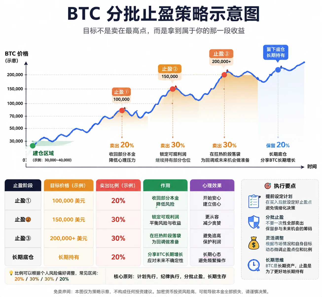 BTC分批止盈分阶段退出思路:+50%卖1/4、+100%再卖1/4、+200%再卖1/4、剩余长期持有