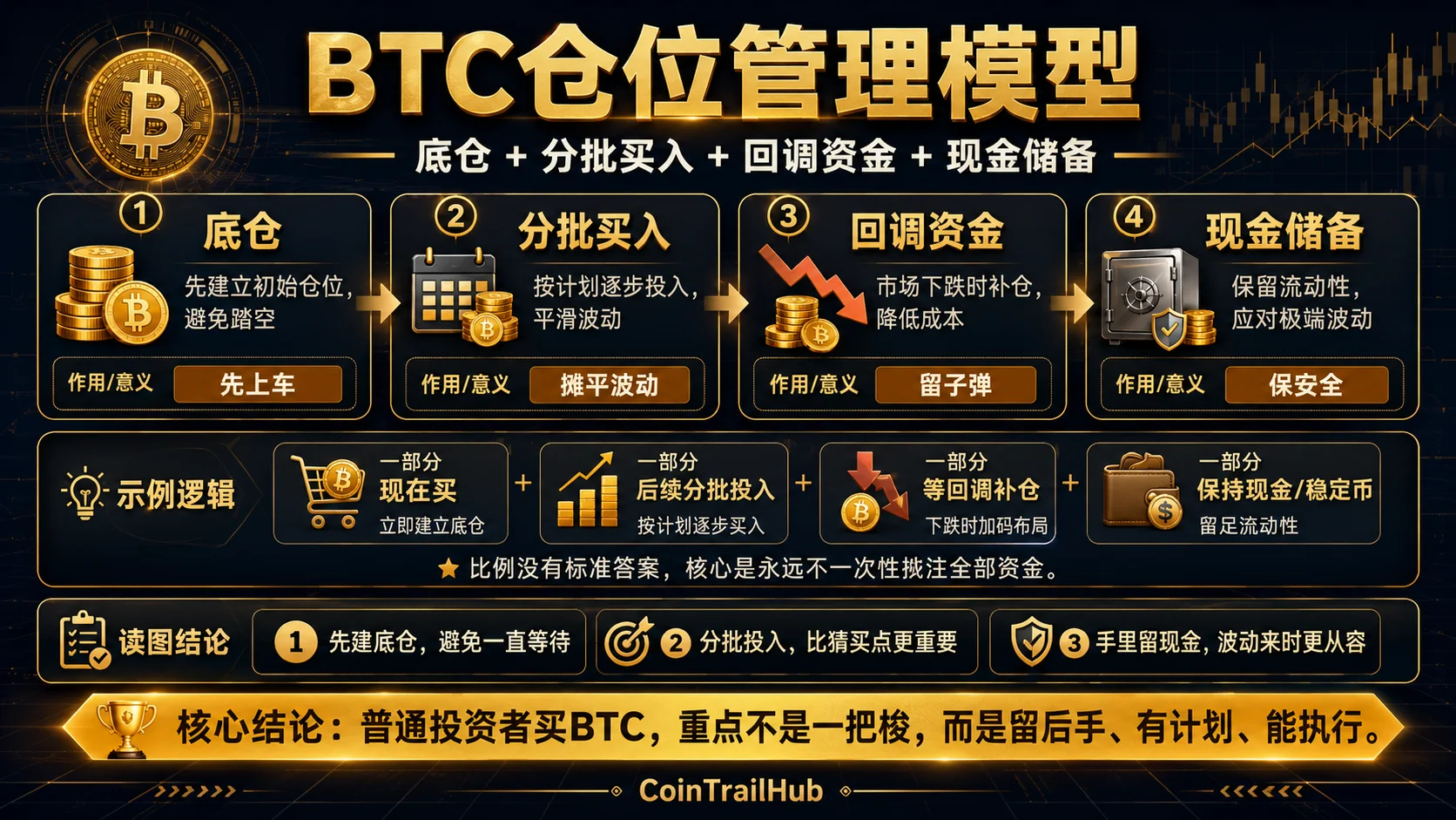 BTC投资资金分配风险管理框架:初始仓位、分批投入、回调补仓、现金备用四部分示意图