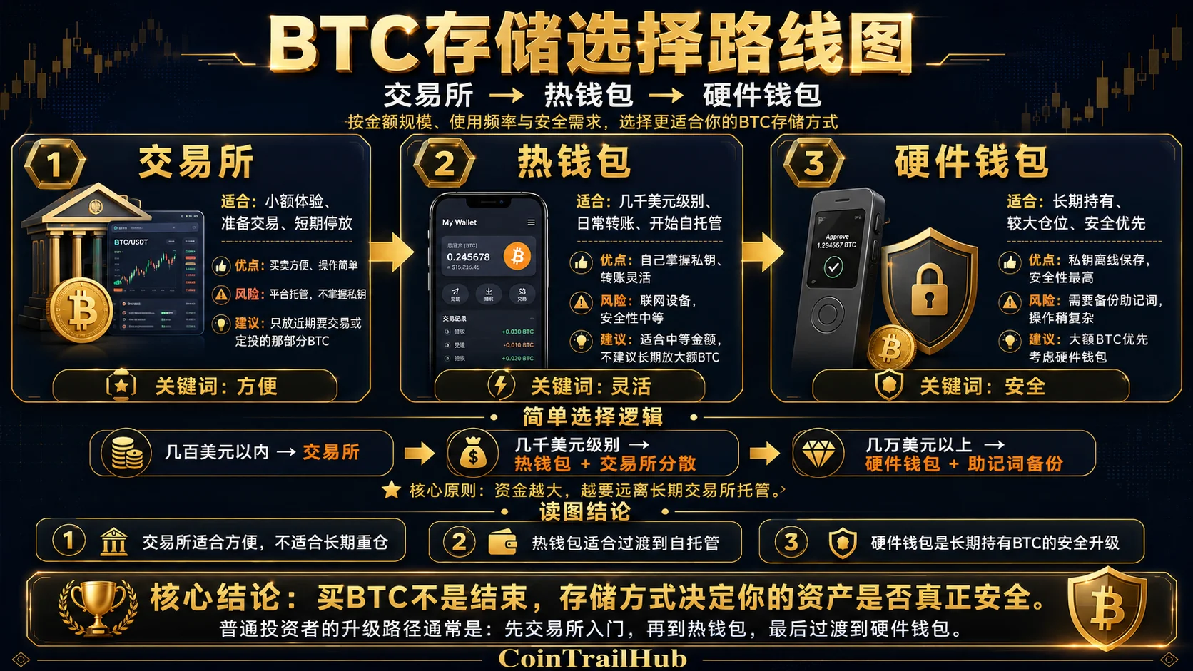 买完BTC后安全管理:交易所存储vs软件钱包vs硬件钱包的资产控制权对比