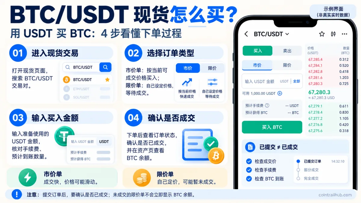 BTC/USDT现货买入教程:选择市价单或限价单、输入USDT金额及核对BTC成交记录