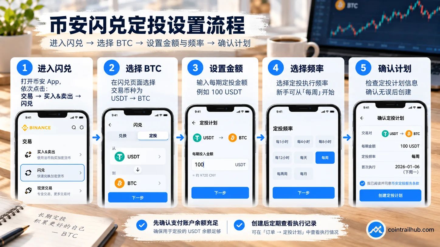 币安闪兑定投设置流程图:进入闪兑、选择 BTC、设置金额与频率、确认计划