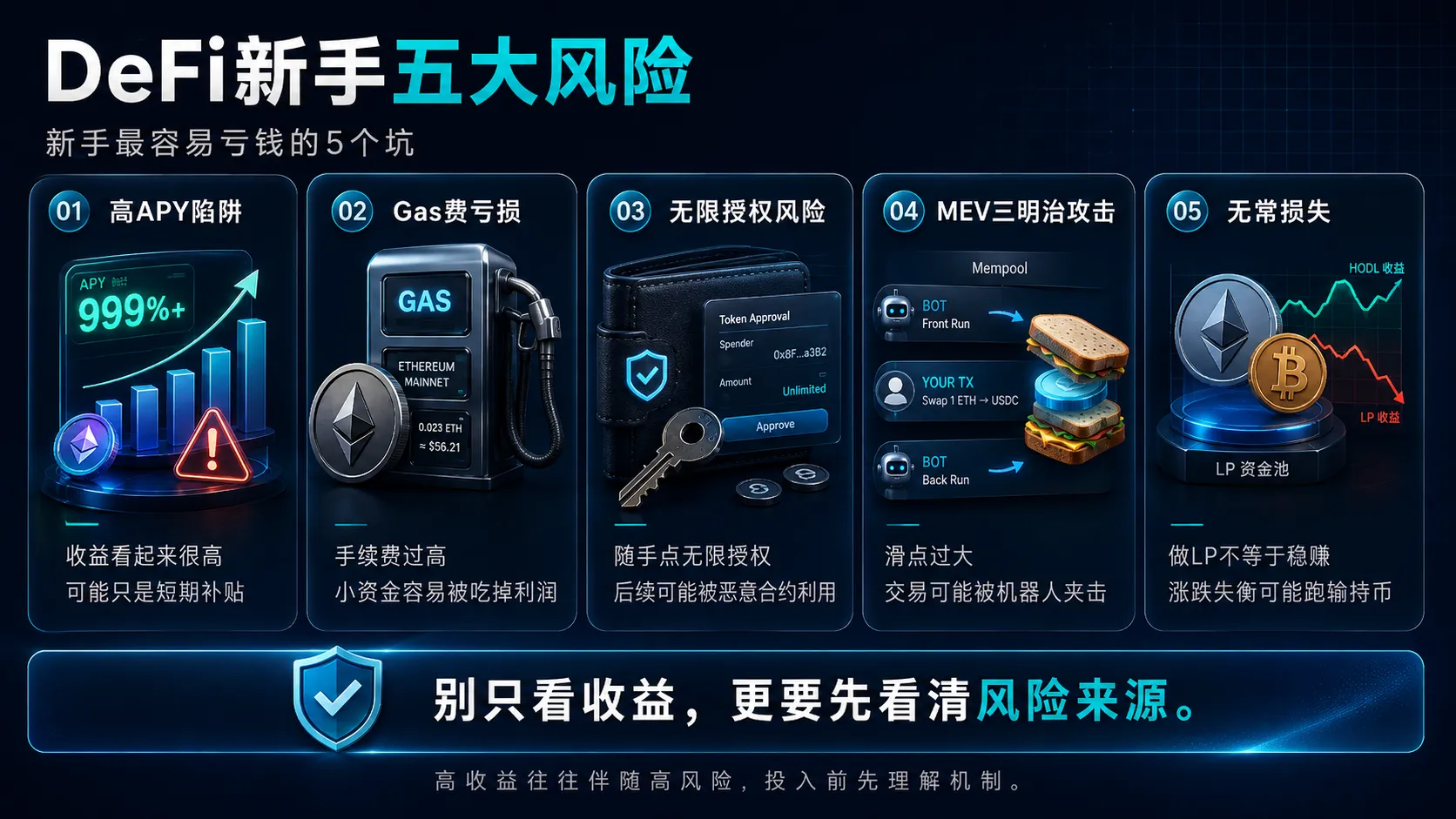 DeFi新手最常见的5个大坑：高APY骗局、Gas费、合约授权、MEV攻击、无常损失