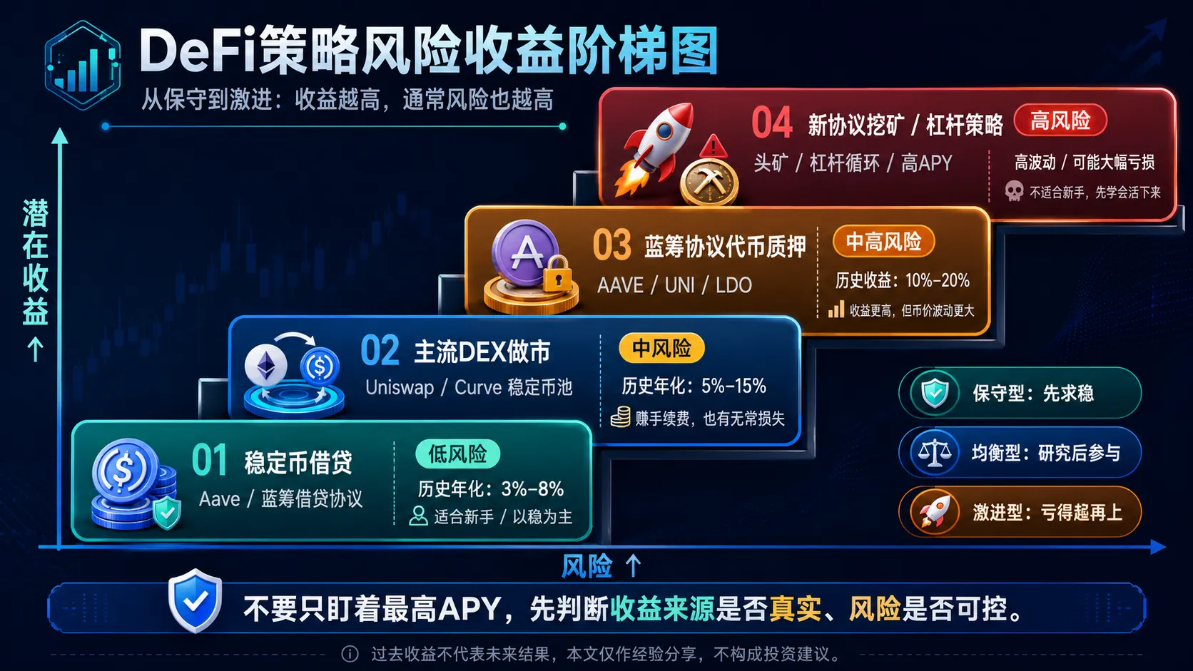 DeFi三种策略对比：保守型稳定币存款、均衡型DEX做市、激进型代币质押