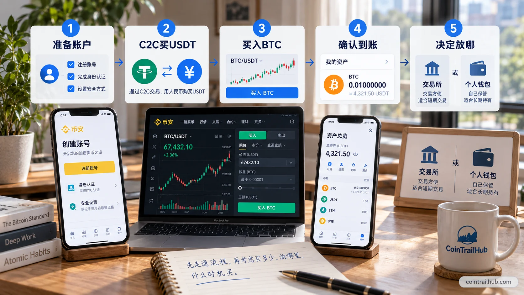 新手怎么买比特币5步流程图:币安C2C买USDT后通过BTC/USDT现货买入BTC