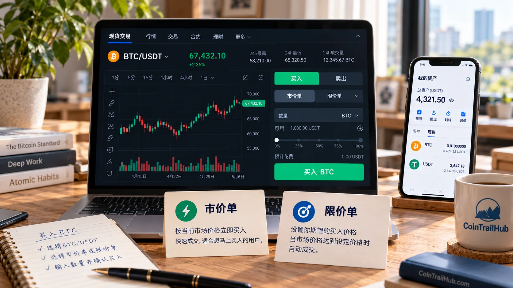 BTC/USDT现货买比特币示意图:市价单和限价单区别