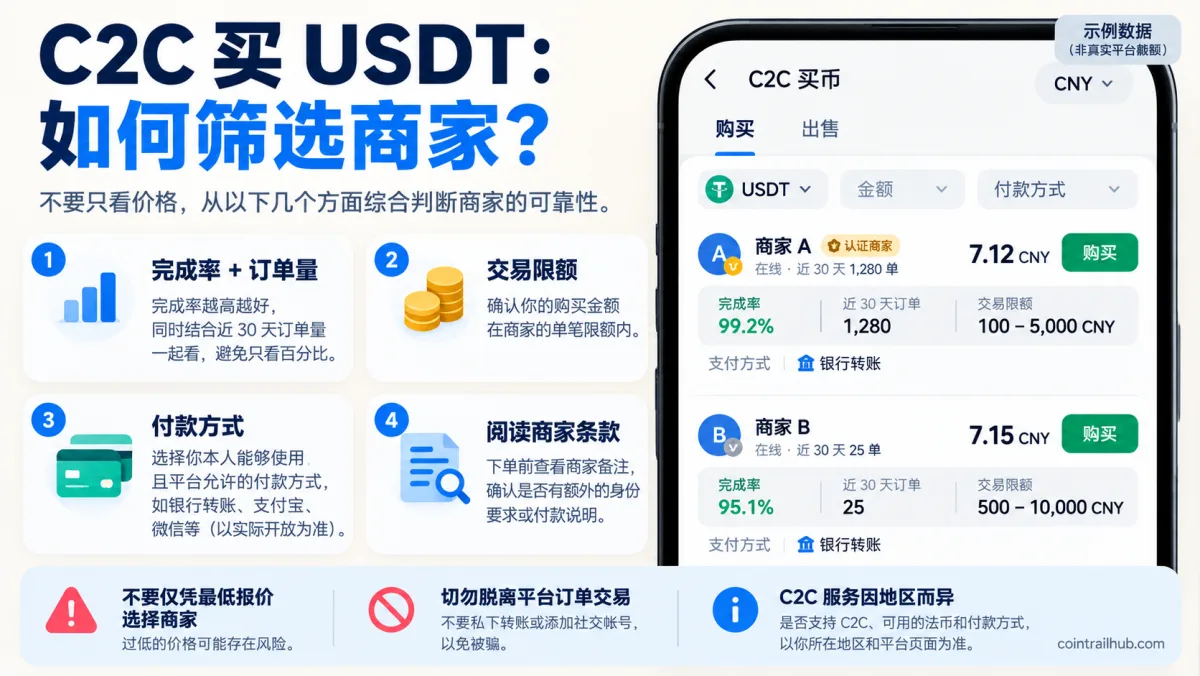 C2C买USDT商家筛选教程,对比商家完成率、近30天订单量、交易限额与付款方式
