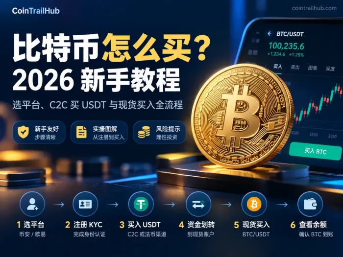 比特币怎么买？2026新手教程：选平台、C2C买USDT与现货买入全流程