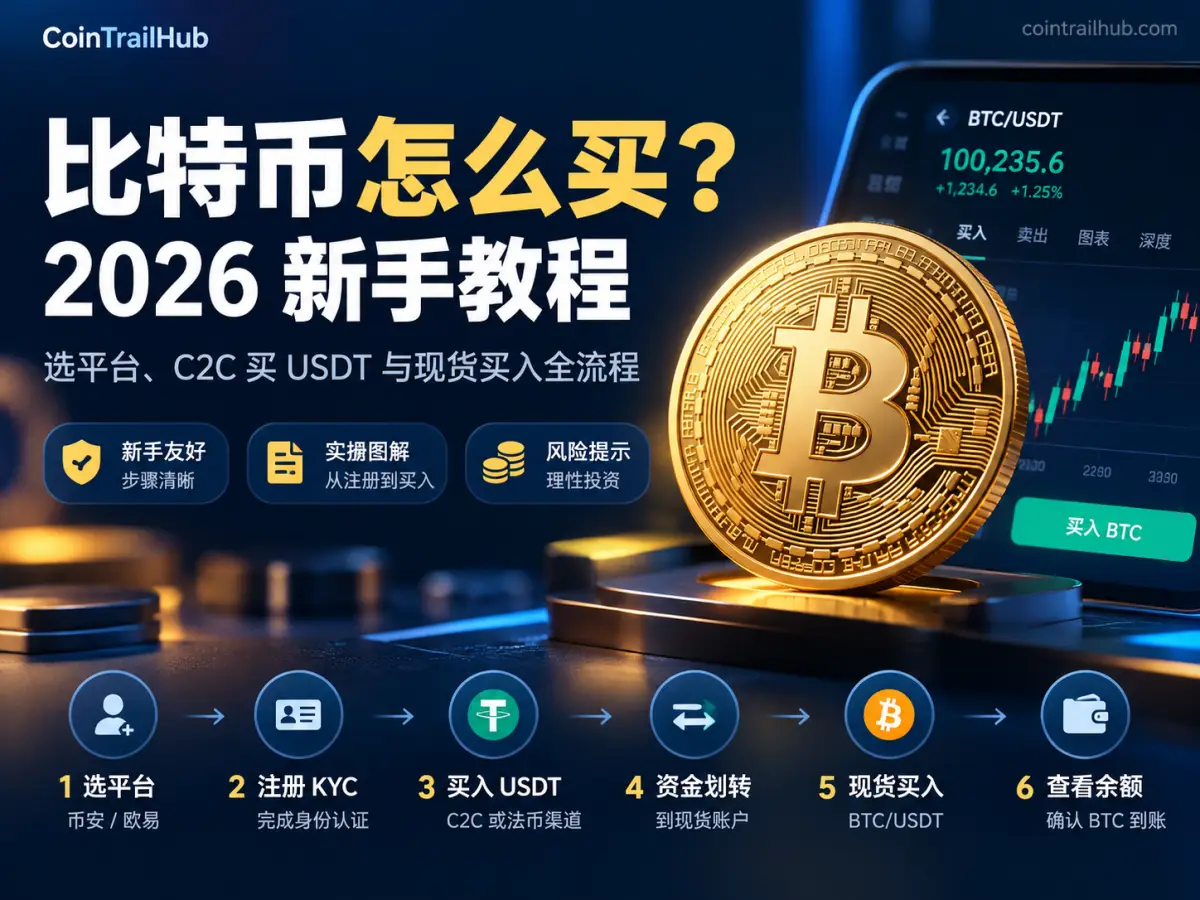 比特币怎么买？2026新手教程：选平台、C2C买USDT与现货买入全流程
