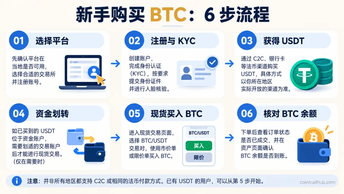 比特币怎么买?2026新手购买BTC六步流程,包括平台选择、KYC、获取USDT、资金划转、现货买入与余额核对