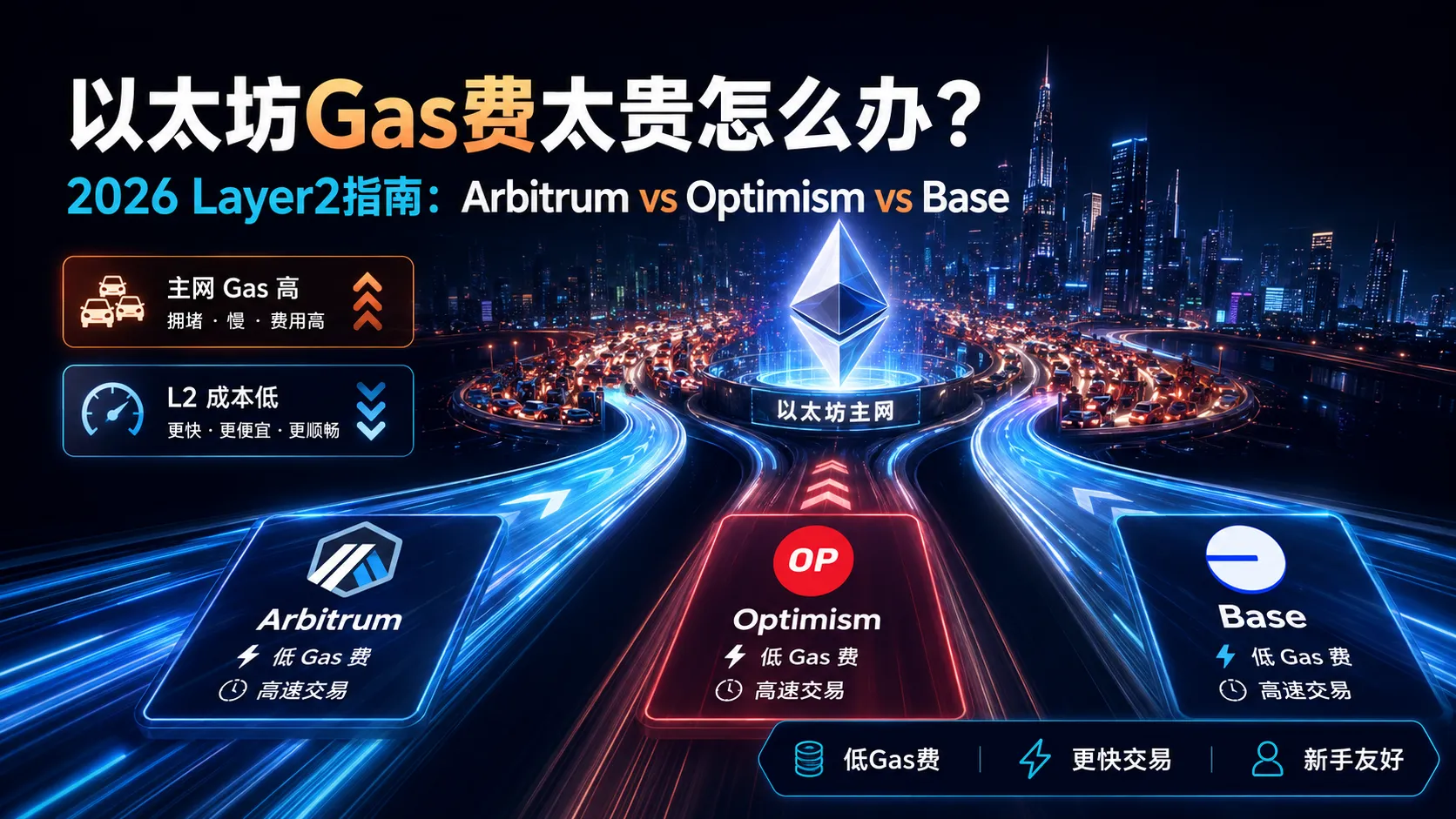 以太坊Gas费太贵怎么办？2026 Layer2指南：Arbitrum vs Optimism vs Base哪个适合新手