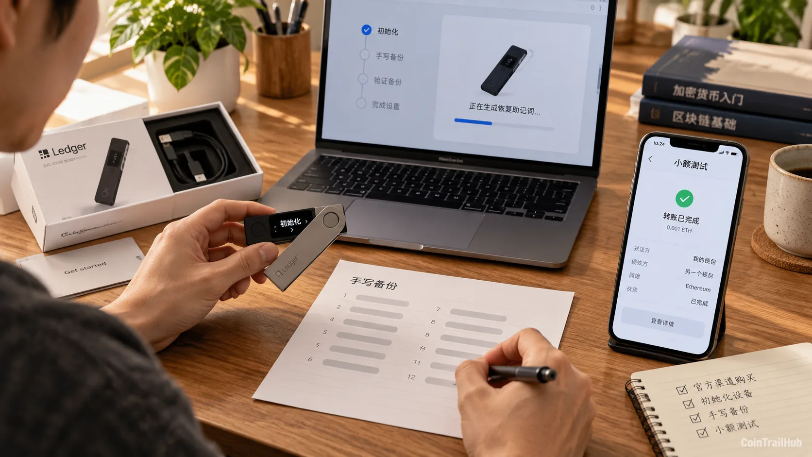 硬件钱包第一次初始化流程:官方购买、设备初始化、手写助记词和小额测试转账