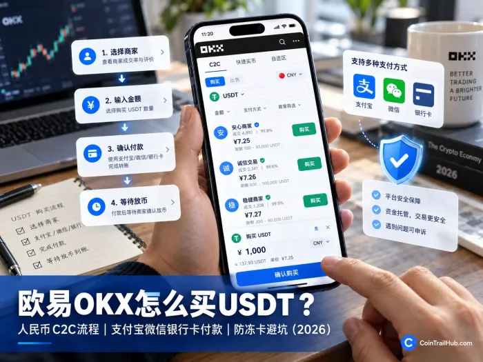 欧易OKX怎么买USDT？人民币C2C流程、支付宝微信银行卡付款与防冻卡避坑（2026）