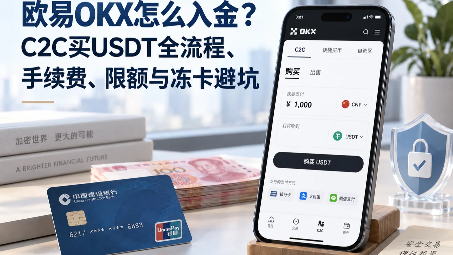 欧易OKX怎么入金？C2C买USDT全流程、手续费、限额与冻卡避坑