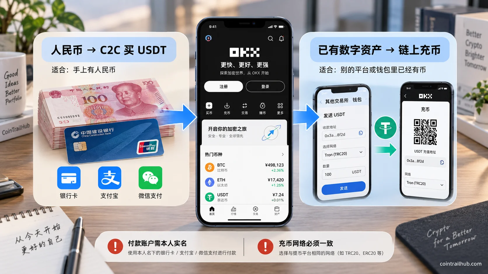 欧易OKX入金方式对比:人民币C2C买USDT与链上充币区别