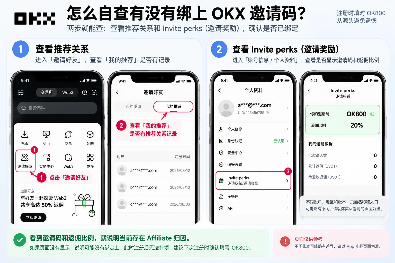 欧易OKX邀请码绑定自查教程 我的推荐 Invite perks OK800