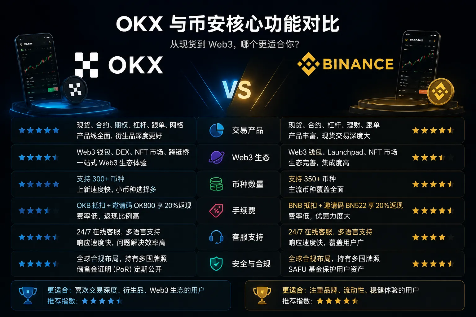 OKX 与币安核心功能对比图