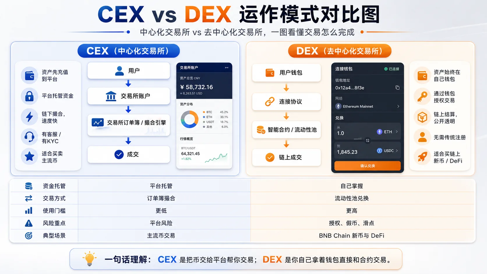 币安（CEX）与 PancakeSwap（DEX）交易模式对比图