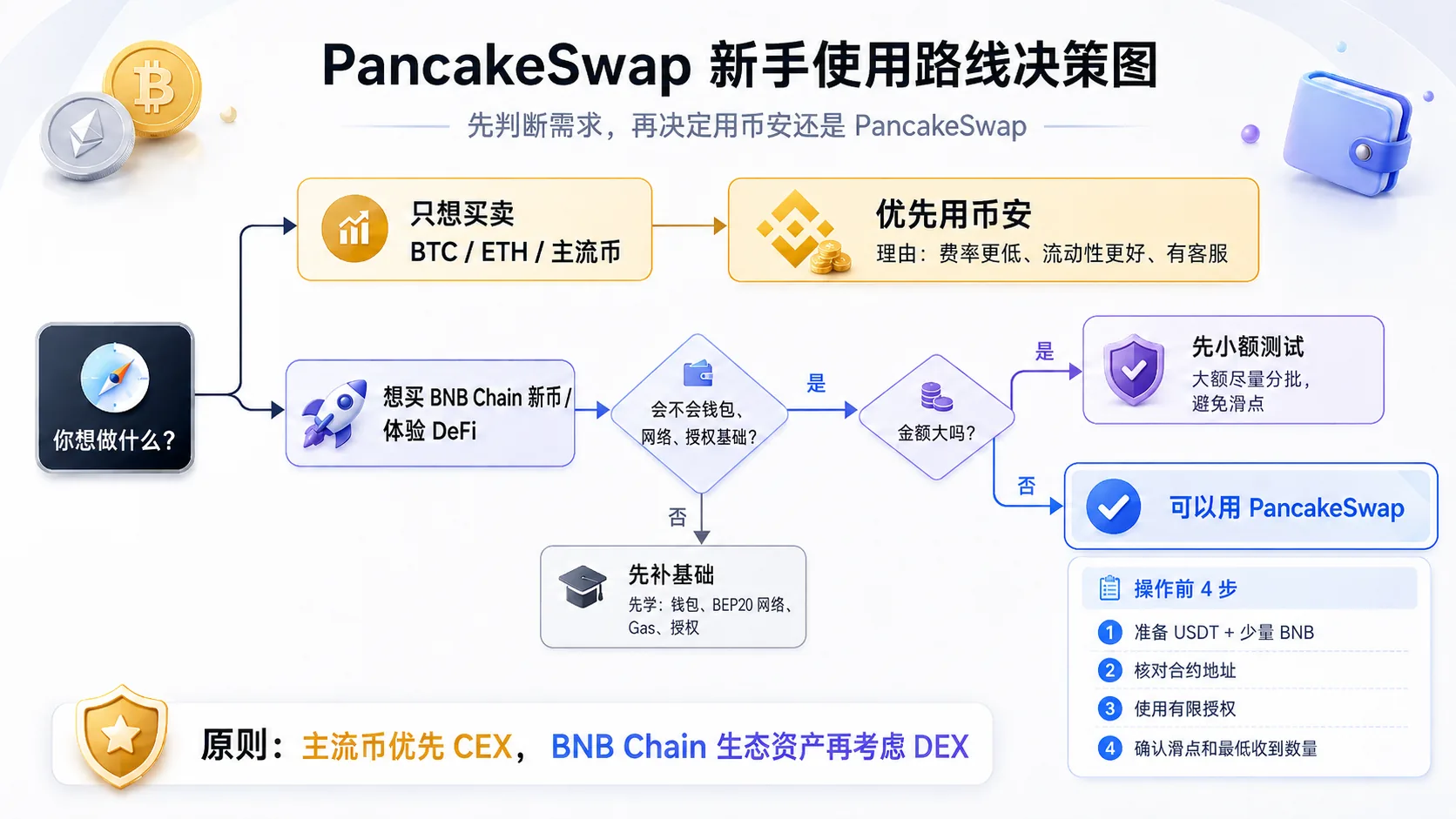 PancakeSwap 新手避坑三角图，展示 DEX 使用中的三大核心风险：假币风险、无限授权风险和滑点风险，帮助新手在兑换前建立基础检查框架。