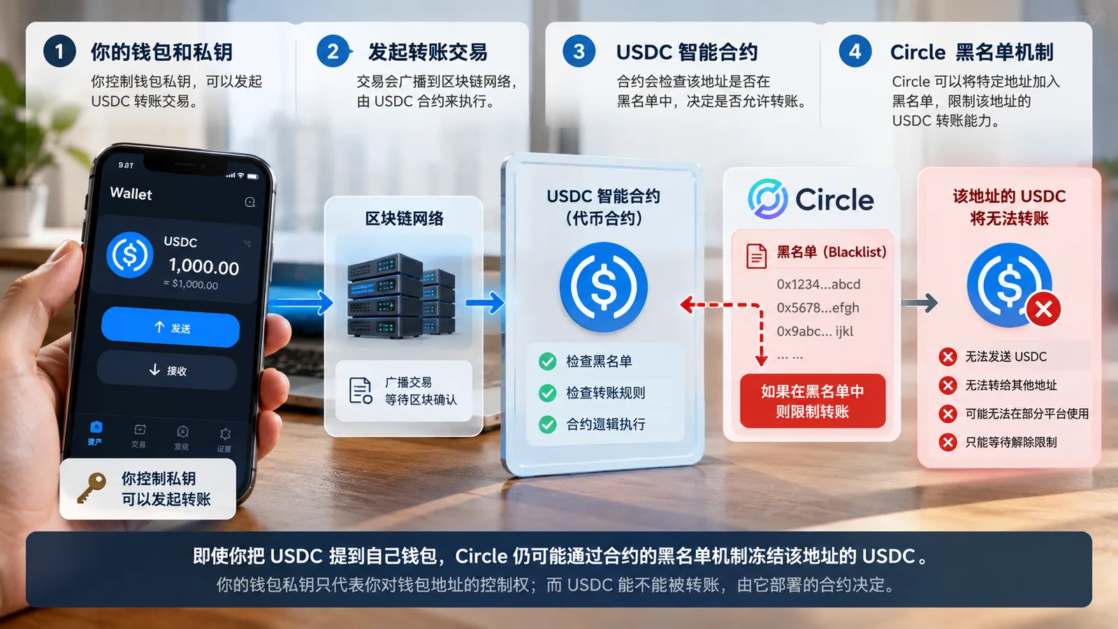 USDC 冻结机制示意图,展示自托管钱包、区块链网络、USDC 智能合约与 Circle 黑名单之间的关系