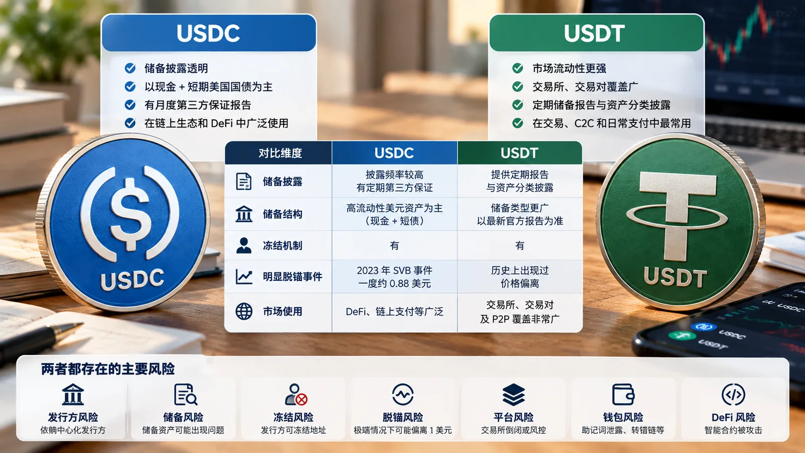 USDC 和 USDT 安全性对比图,展示储备披露、储备结构、冻结机制、脱锚历史、市场使用及共同风险