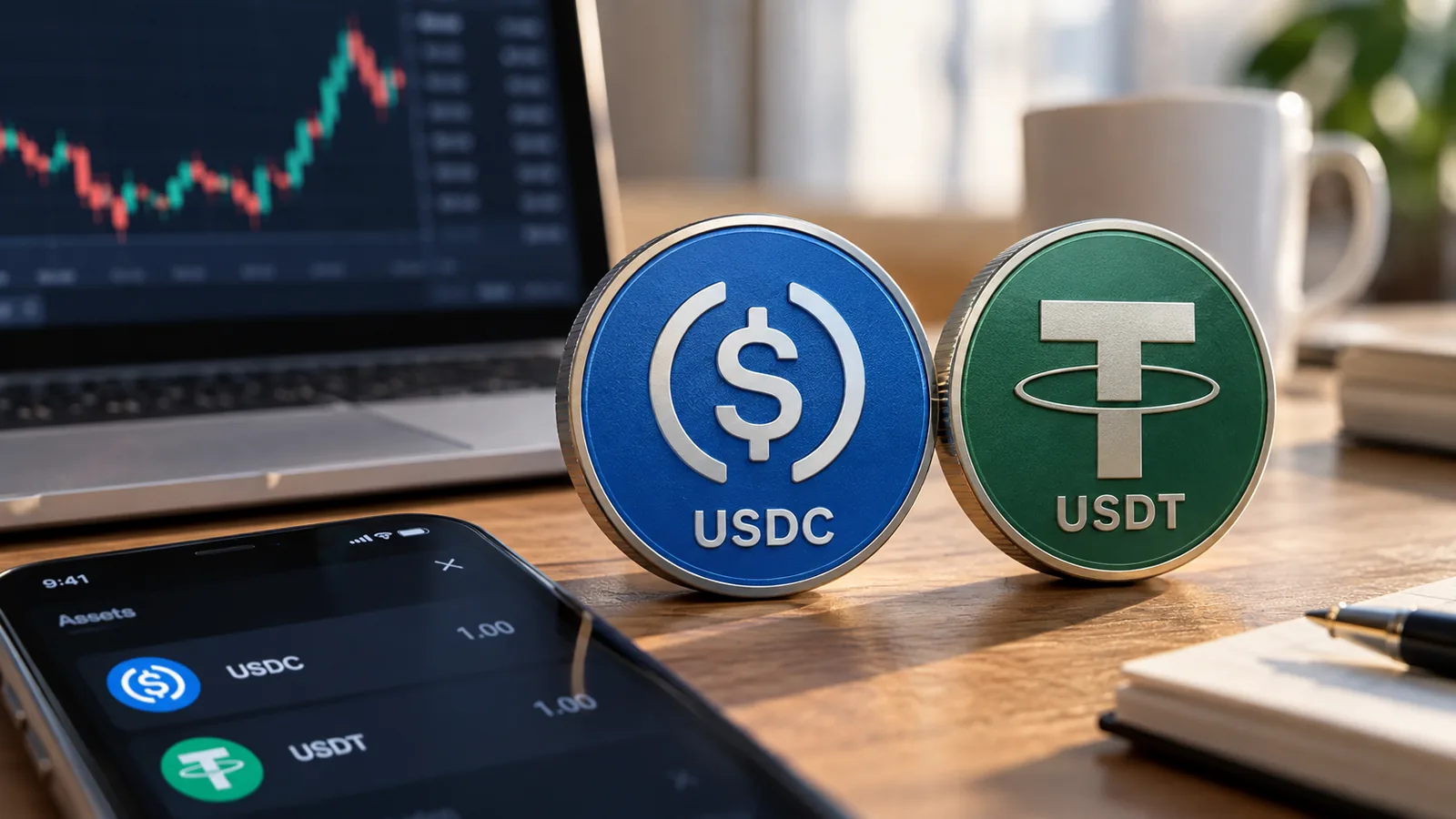 USDC 与 USDT 稳定币对比,展示两种稳定币在交易和钱包中的使用场景