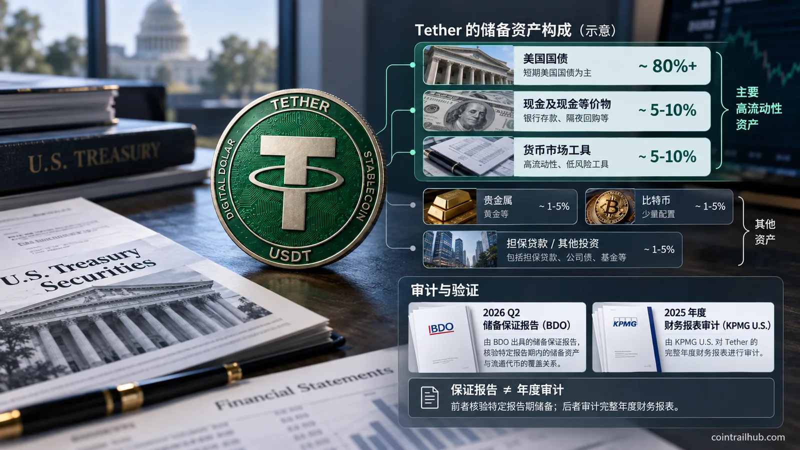Tether USDT 储备资产构成与 BDO 保证报告、KPMG 年度审计示意图