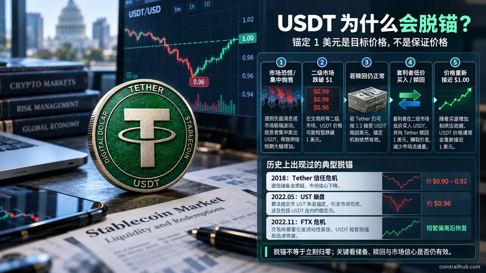 USDT 脱锚原因、赎回套利机制与 2018、2022 历史脱锚案例