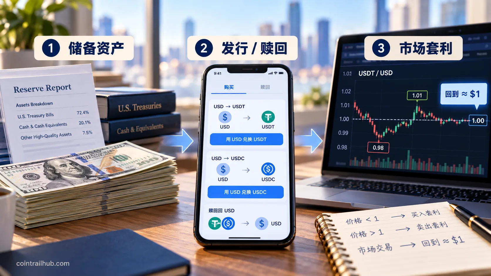 稳定币为什么能接近 1 美元——储备资产、发行/赎回与市场套利三层机制
