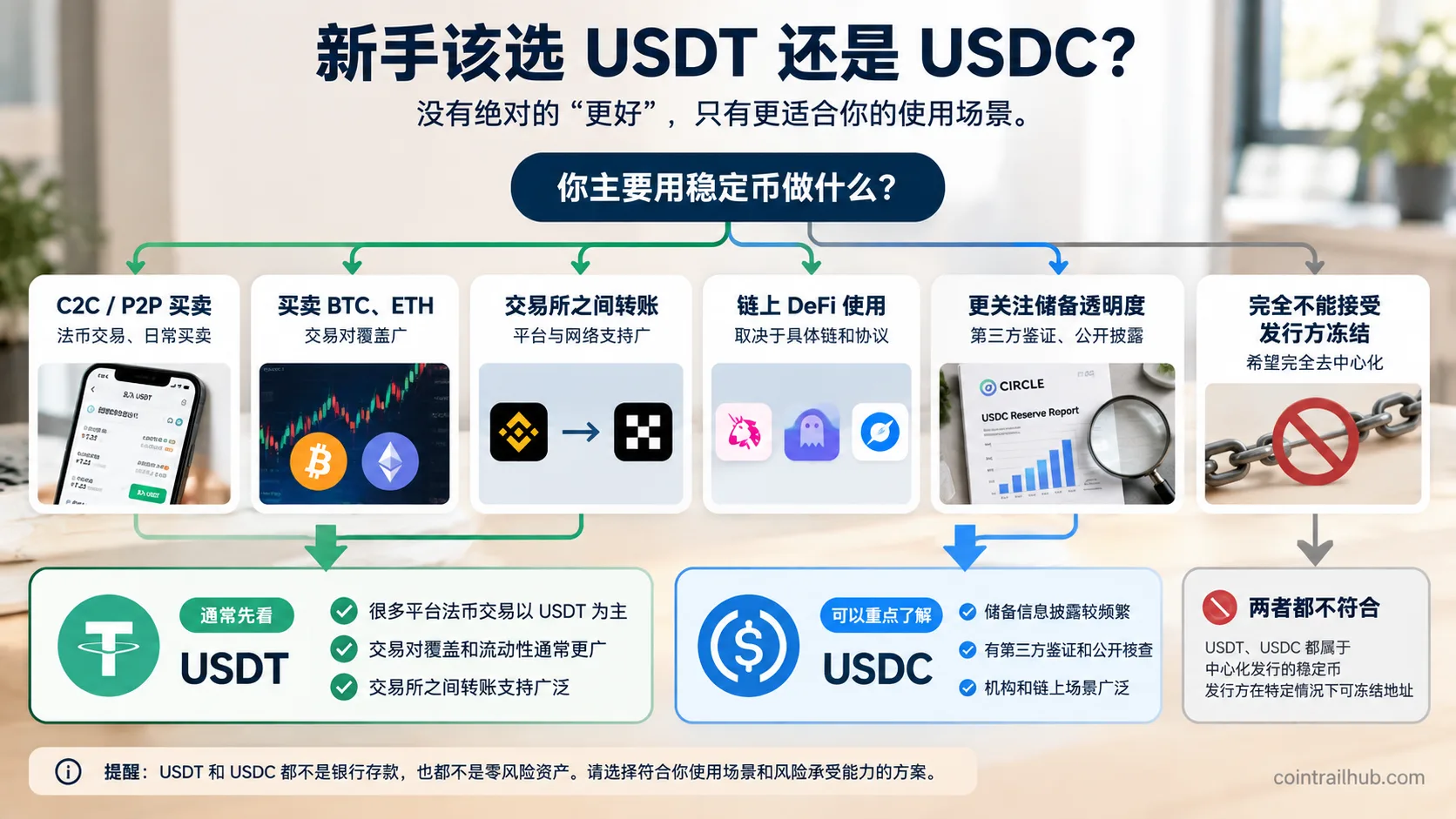 新手选择USDT还是USDC决策图，对比C2C交易、BTC ETH交易、跨交易所转账、DeFi、储备透明度和冻结风险