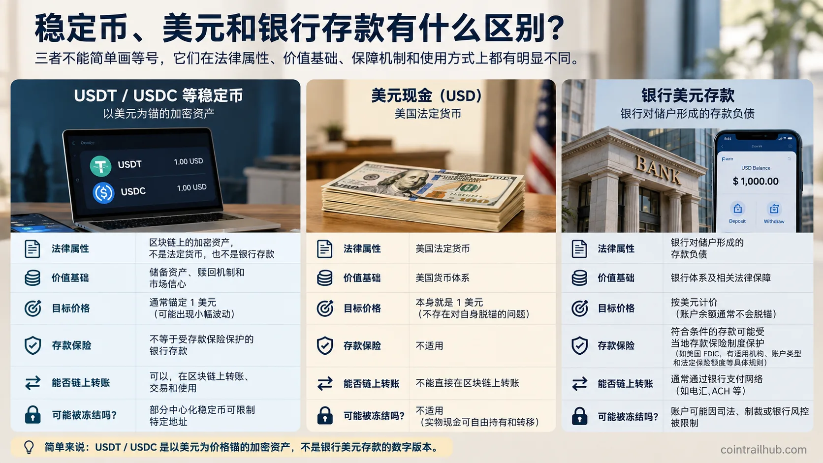 稳定币与美元现金、银行存款区别对比图，展示法律属性、价值基础、存款保险、链上转账和冻结风险