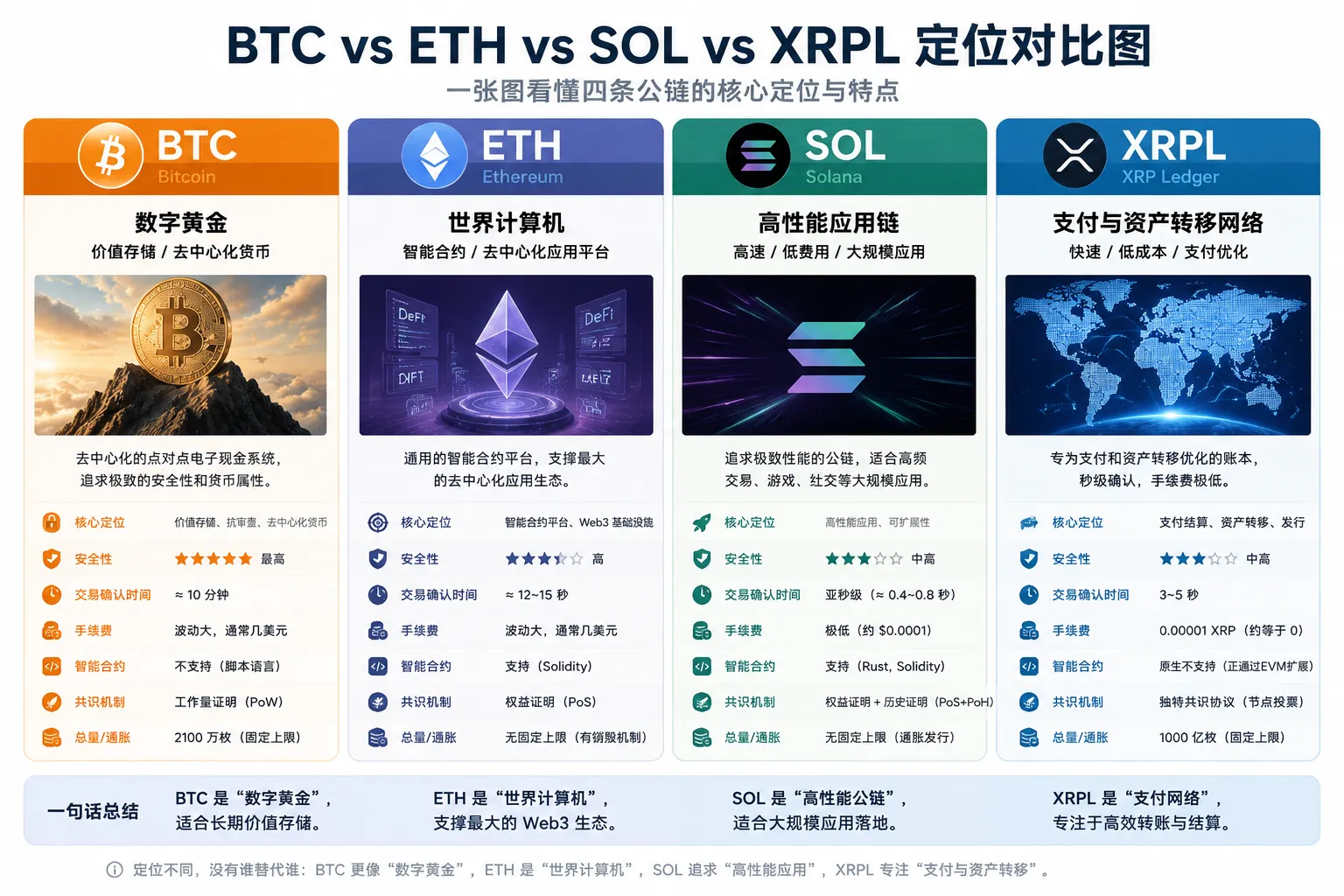 比特币、以太坊、Solana、XRP Ledger 定位对比