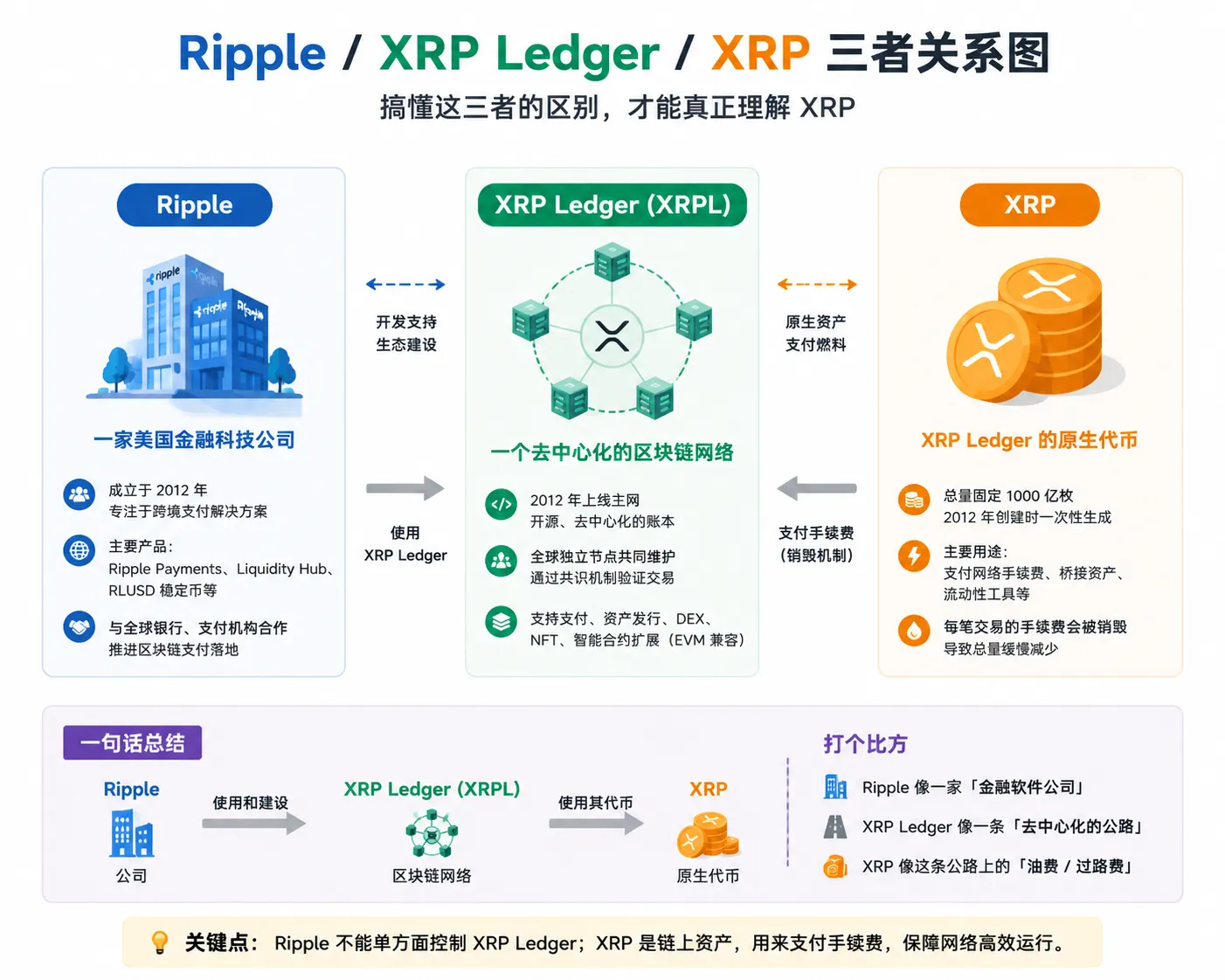 Ripple、XRP Ledger、XRP 三者关系图